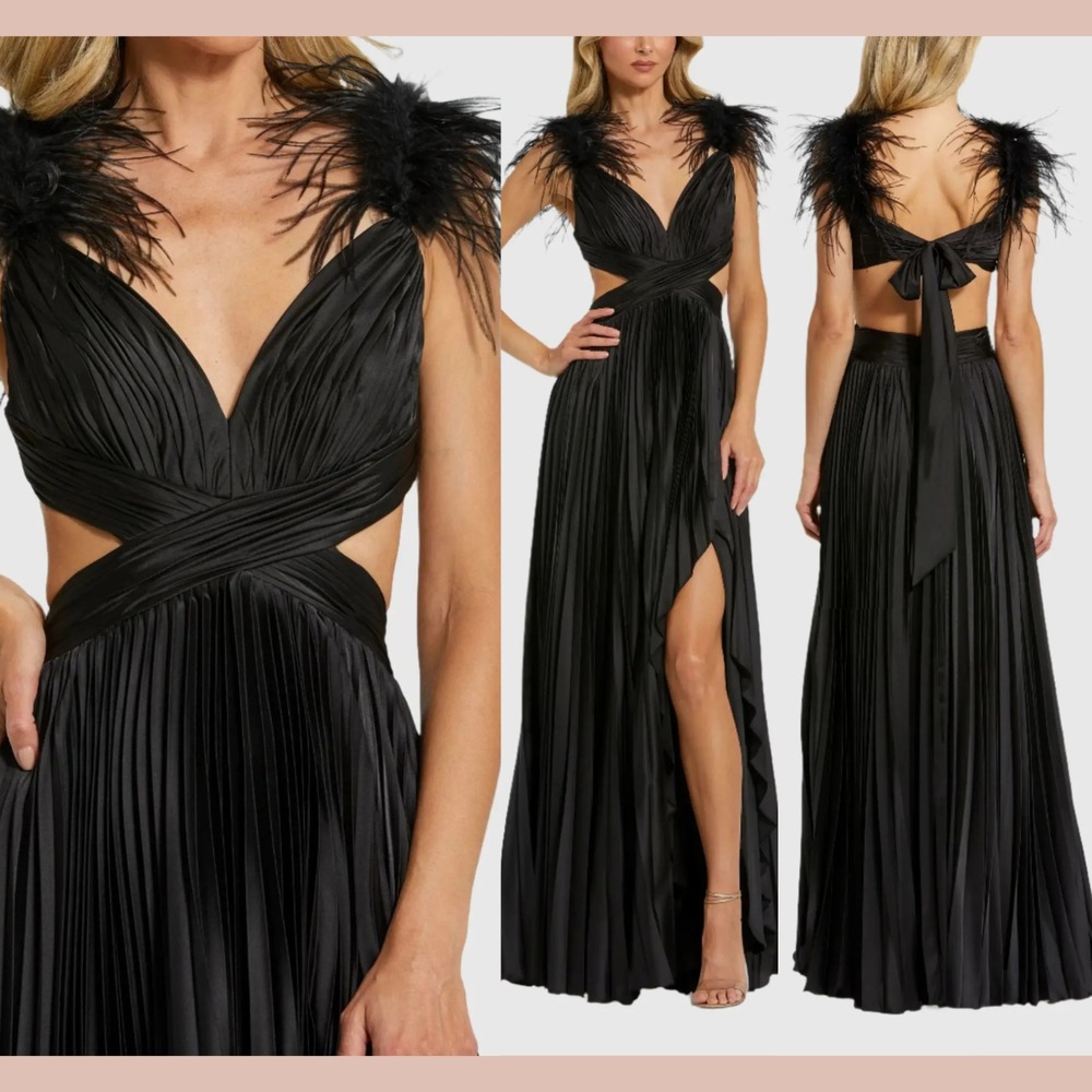 NWT Mac Duggal [ 4 ] 116871 Pleated Feather Cap Sleeve Open Back Gown BLK #Q1175
